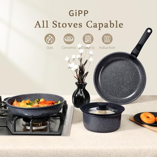 GiPP Ceramic Coating Pots and Pans Set Non Stick, 8pcs Nonstick Detachable Handle Cookware Sets, Non Toxic Induction Kitchen Pot and Pan, Healthy RV Cookware, Dishwasher＆Oven Safe(Grey)