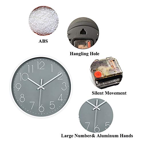 JUSTUP 12in Non-Ticking Wall Clock, Silent Battery Operated Wall Clock with ABS Frame HD Glass Cover for Kids Living Room Bedroom Kitchen School Office Decor (Gray) - Thumbnail 4