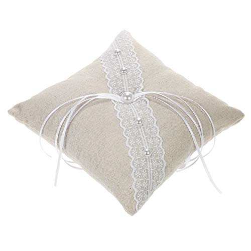 BERTERI 5pcs/Set Vintage Burlap Flower Girl Basket Ring Bearer Pillow Guest Book Pen Holder Bride Garter Wedding Supplies Set with Lace Faux Pearls Design
