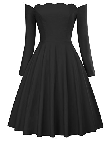 PAUL JONES 1950s Off The Shoulder Dress Long Sleeve Flared Dress Size XL Black