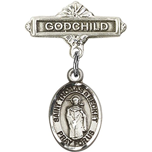 Sterling Silver Baby Badge with St. Thomas A Becket Charm and Godchild Badge Pin 1 X 5/8 inches