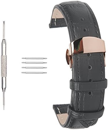 Ac Union ACUNION™ Leather Watch Strap Watch Clasp Band with Rose Gold Butterfly Deployant Buckle for Men Women