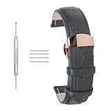 ACUNION 20mm Leather Watch Strap Watch Clasp Band with Rose Gold Butterfly Deployant Buckle for Men Women Black