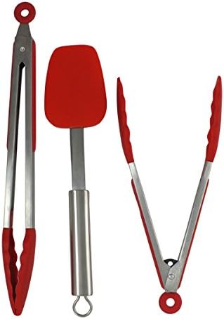 2-piece Red Silicone Tong Set with Bonus Stainless Steel Handle Spatula From Le Boheme Bungalow