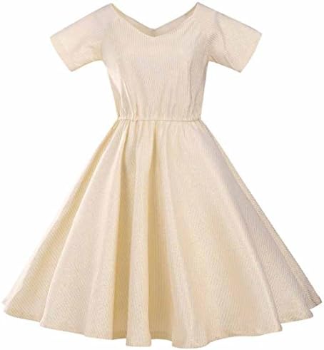 Women's Vintage V Neck Short Sleeve Striped Pleated Dress (M, gold)