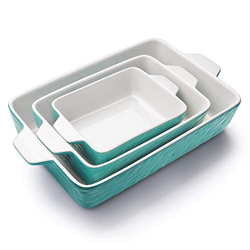 Bakeware Set, Krokori Rectangular Baking Pan Ceramic Glaze Baking Dish for Cooking, Kitchen, Cake Dinner, Banquet and Daily Use - Aquamarine, 3 Pack of Rectangular