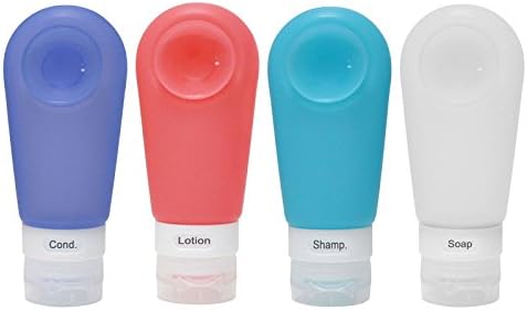 Portable Silicone Travel Bottles (4 Pack 3 Oz), Strong Suction Cup Leak Proof, FDA Certificated, with Facial Brush and Toothbrush Case Covers Pack P3