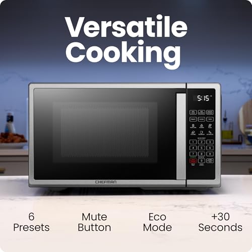 Chefman Countertop Microwave Oven 0.7 Cu. Ft. Digital Stainless Steel Microwave 700 Watts with 6 Auto Menus, 10 Power Levels, Eco Mode, Memory, Mute Function, Child Safety Lock, Easy Clean