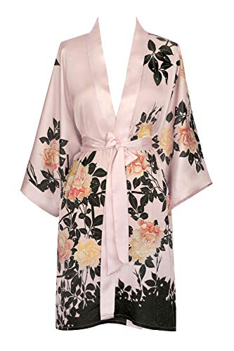 Old Shanghai Women's Kimono Robe Short - Watercolor Floral, Blush Rose- Pink