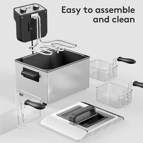 MaznNovo 1800W Deep Fryer with 3 Basket, 5.3QT/21Cup Electric Oil Fryer for Home Use with See-through Window Lid, Adjustable Temperature (Metal Silvery)