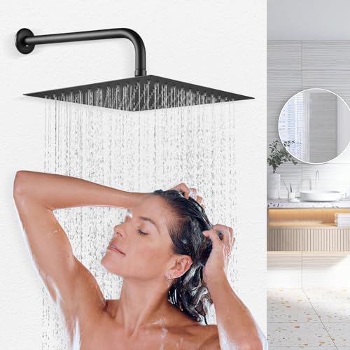 Regadera Cuadrada Negra de 30 cm, Regaderas para Baño Cuadrada con Tubo 40 cm Alta Presion, Resumidero Cuadrado(10 x 10 cm) y Manerales en Negro Mate