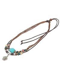 Collar estilo tribu antigua unisex, de cuero negro y cáñamo ajustable, con abalorios turquesas y de madera