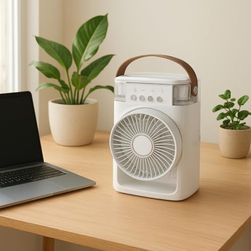 Mini Climatizador e Umidificador Portátil USB 3 em 1 | Ventilador de Mesa Pessoal Silencioso com Luz Noturna LED para Casa, Escritório e Viagem