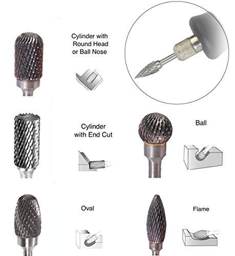 VCCA 10PCS Tungsten Carbide Double Cut Rotary Burr Set with 1/8 Inch Shank 1/4 Inch Head for Die Grinder Drill, Metal Carving, Engraving