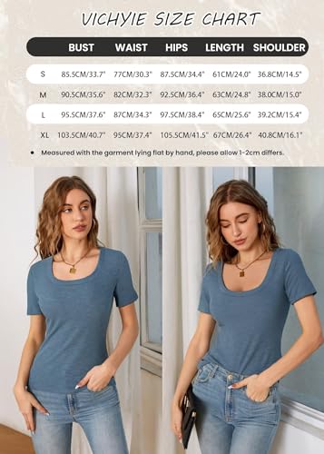 VICHYIE WOMENS SUMMER SHORT SLEEVE TOPS SQUARE NECK LOOSE TUNICS HENLEY CASUAL SHIRT SEXY BASIC BLOUSE TOP TSHIRT BLUE L