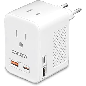 SARQW 220V to 110V Voltage Conversion Plug Adapter for Traveling from USA to Europe with 2 USB and 2 USBC Ports PD 20 W, 2 AC