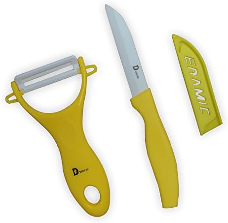 Dworth 2 Piece Multi Color Ceramic Cutlery Kitchen Knives and Peeler Knife Set (Yellow)