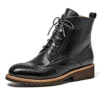 Beau Today Brogue Boots Women Leather Shoes Ankle Booties Polished Wingtips (8.5, Black)