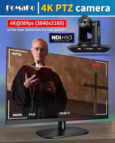 FoMaKo 4K PTZ NDI HX3 20x Optical Zoom AI Automatic Tracking Camera with HDMI/USB3.0/LAN(PoE) for Religious Service, Education, Video Conferencing, Youtube OBS Streaming, NDI License Included (K20UH)