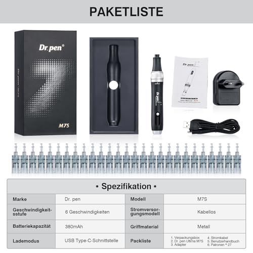 Dr. pen Ultima M7S Microneedling Pen 2025 Latest Model Wireless Dr Pen Microneedling Anti-Wrinkle with 27 Replacement Cartridges - 9 Types Cartridges (M7S Black)