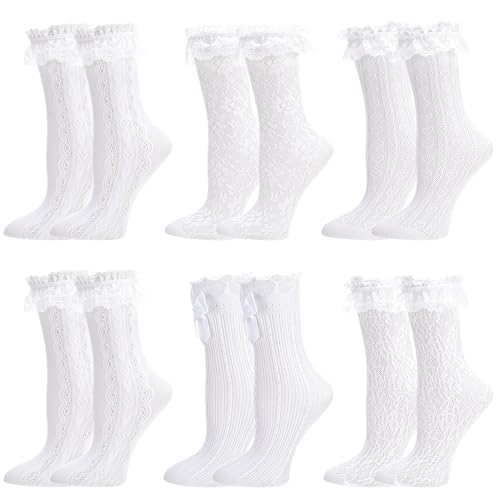 scenicamp 6 Pairs Women Lace Ruffle Ankle Socks Frilly Dress Socks at Amazon