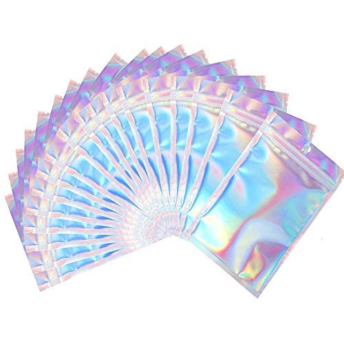 xutong 100 Pieces Mylar Ziplock Bags， Resealable Smell Proof Bags Foil Pouch Bag Flat Ziplock Bag for Party Favor Food Storage- Holographic Color 14 x 20 cm