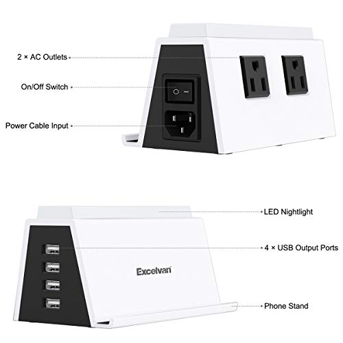 USB Charging Station with 2 AC Outlets Surge Protection and 4-Port USB Charging Docking Stand for Multiple Devices, LED Nightlight & Phone Stand, 10A Max Socket Output with 1.2m Power Cord