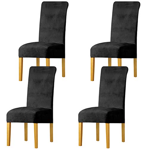 LANSHENG Stretchy Chair Covers for Dining Room Chairs,Stretch Spandex with Elastic Band Chaircover,Velvet Large Dining Chair Slipcovers for Restaurant Hotel Party Banquet (Dark Gray,4 Pack(M))
