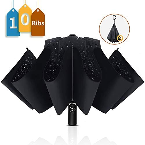 WSKY 12 Ribs Inverted Umbrella Windproof Automatic Folding Umbrella Teflon Coating 10 Ribs Auto Reverse Umbrella Portable Travel Umbrella with Leatherette Umbrella Cover