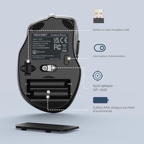 TECKNET Wireless Mouse, 2.4G Optical Mouse with 2600 DPI, Ergonomic Mouse for Laptop, PC with USB Receiver, Silent Click, Grey
