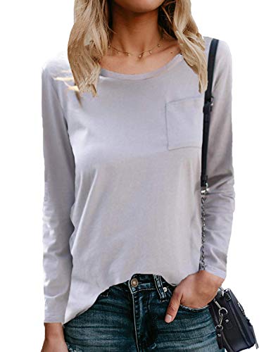 Womens Cotton Long Sleeve T Shirts Casual Plain Round Neck Blouses Tops with Pocket (Solid Grey, L)
