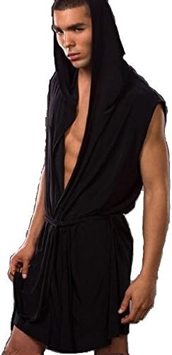 JapnTrendStore Mens Robes Bathrobe Sleeveless Sleepwear with Hooded L / US M