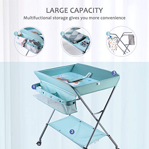 EGREE Baby Portable Folding Diaper Changing Station with Wheels, Adjustable Height Mobile