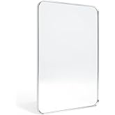 Minuover Wall Mount Mirror for Bathroom, Brush Silver Metal Framed Rounded Corner Rectangular Vanity Mirror (16" x 20", Silve
