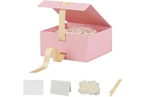 BoxSkivra Pink Gift Box with Ribbon 1 Pack 6X6X3 Inch Small Gift Box with Lid Magnetic Closure Rectangle Collapsible Luxury GiftBox for Mother's Day、Birthdays、Shredded Paper Filler & Card
