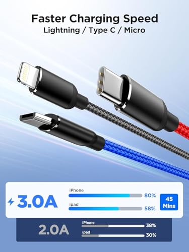 Aioneus 4ft 3-in-1 Multi Charging Cable, USB Type C, Micro USB, Lightning, Fast Charging, Compatible with iPhone 13/12/11, Samsung Galaxy S21/S20/S10/S9/S8/S7, Android Devices