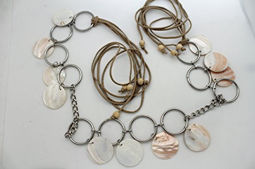 TFJ Women Beige Tie Belt Bohemian Fashion Hip Waist Silver Rings Seashells M L XL