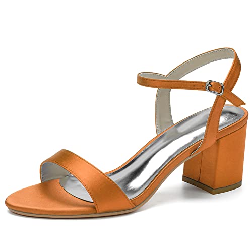 HUIBAOGONG Women's Ankle Strap Chunky Heels Sandals Satin Open Toe Wedding Party Bridal Bridesmaid Shoes,Orange,10
