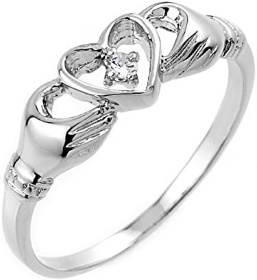 High Polish 14k White Gold Diamond Solitaire Claddagh Ring (Size 8)