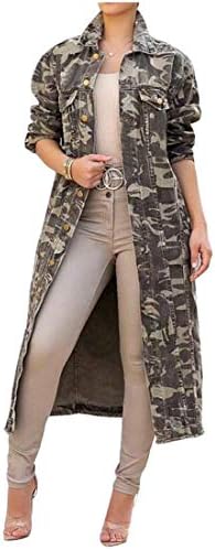 KLJR Women Plus Size Camouflage Long Sleeve Stylish Long Denim Jacket Jean Trench Coat