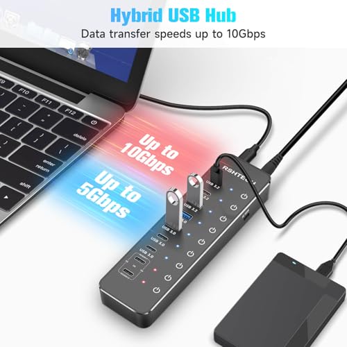RSHTECH USB Powered Hub, 10 Ports USB C Hub That 3 Ports USB 3.2 to 10Gbps (2C+1A), 4 USB 3.0 Ports to 5Gbps (2C+2A), 2 Fast Charge USB-C Ports to 45W, PD 100W, Adapter 66W, RSH-ST10P