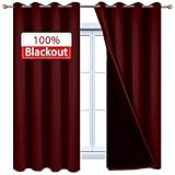 Yakamok 2 Thick Layers Completely Blackout Curtain Panels, Noise Reducing Drapes, Thermal Insulated Curtains with Black Liner for Bedroom(52Wx63L, Burgundy Red, 2 Panels)