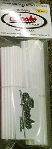The Original Spoke Skins, Motorcycle, Bicycle and Dirt Bike Spoke Skins- WHITE - Size MOTO- Fits 18"-21" rims. Quantity of 38 front skins at 8.5 inches in length and 38 rear skins at 7.5 inches in length. Total quantity of 76 skins to complete 2 wheels.
