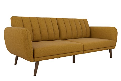 Novogratz Brittany Sofa Futon, Premium Linen Upholstery and Wooden Legs, Mustard Linen