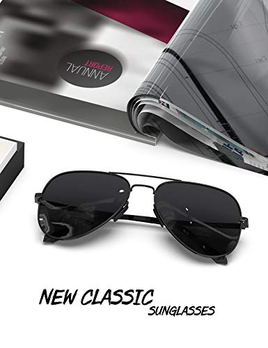 LUENX Aviator Sunglasses for Mens Womens Polarized Black Lens Black Metal Frame 60mm