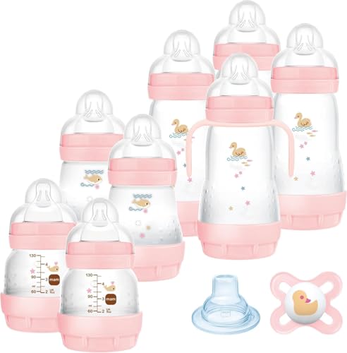 MAM Easy Start Anti-Colic Bottle Set, 8 Bottles in 130 ml, 160 ml and 260 ml Sizes, 1 x Start Nano Dummy, 4 x Sealing Disks, 1 x Extra Soft Spout and Handles, 730 g, Pink