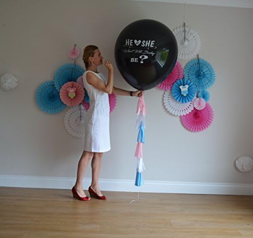 He or She What Will Baby Be Gender Reveal black 36" 3 feet pop balloon butterfly xl confetti