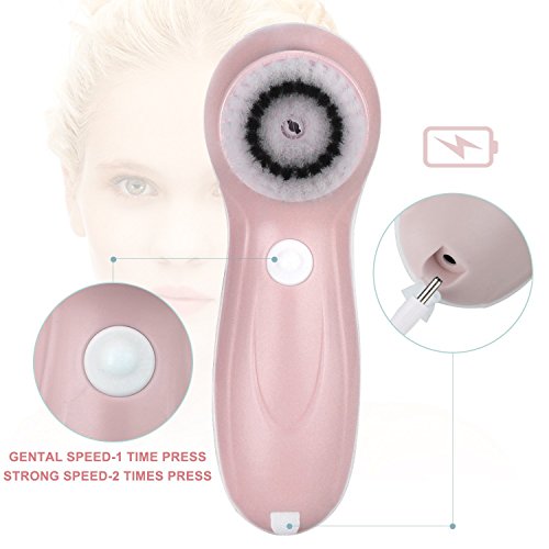 Facial Cleanser Brush, 3 in 1 Electric Rotating Facial Cleansing Brush USB Rechargeable Sonic Face Cleaners Scrubber SPA Skin Care Tool Beauty Instrument (Pink)