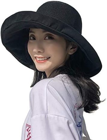 iHomeyWomen Wide Brim Sun Hats with Strap Foldable UPF 50+ Sun Protective Cotton Bucket Hat Anti UV Beach Holiday Hat