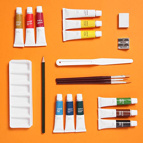 Acrylic Paint Set - 20 Piece Starter Set for Beginners, Students and Artists, Ideal for Canvas Painting, 12 Tubes x Acrylic Paints in Vivid Colors, 3 Brushes - Art Supplies Kit for Adults and Kids - Thumbnail 2